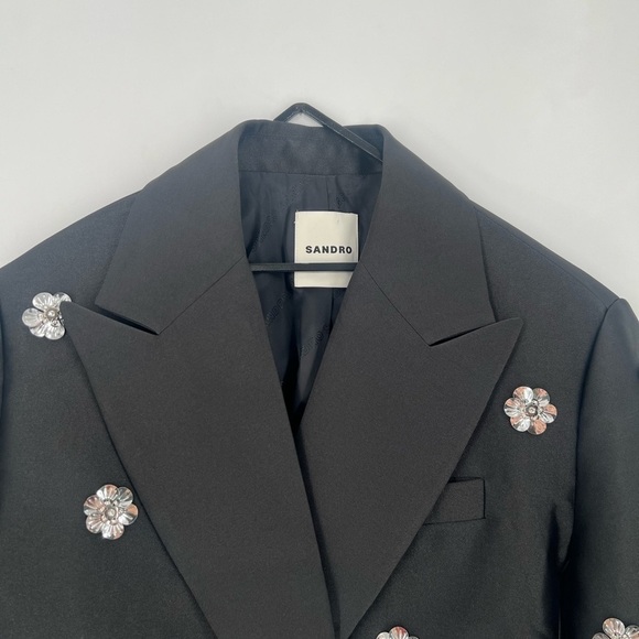Sandro Flower Floral 3D Embellished Cropped Double Breasted Blazer Satin Jacket - Picture 2 of 9
